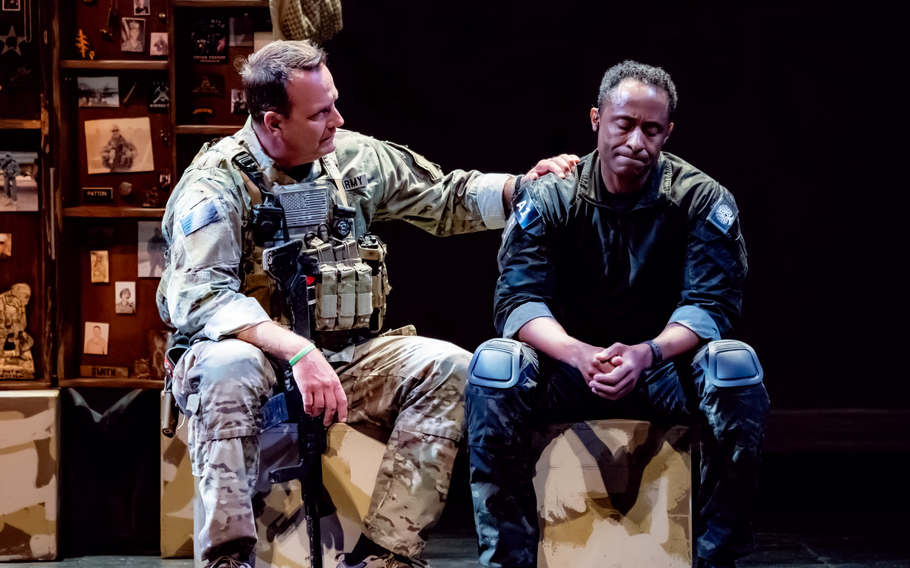 Scott Mann as Master Sgt. Danny Patton and Lenny Bruce as Kenny Suggins perform a scene from “Last Out: Elegy of a Green Beret” in San Diego in May 2023.