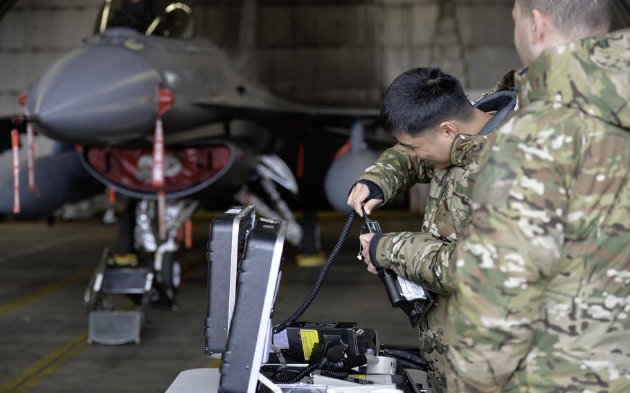 Airman 1st Class Jason Trinh, an emergency management technician with the 52nd Civil Engineer Squadron, assembles radiological detection equipment April 24, 2024, during an exercise at Spangdahlem Air Base, Germany.