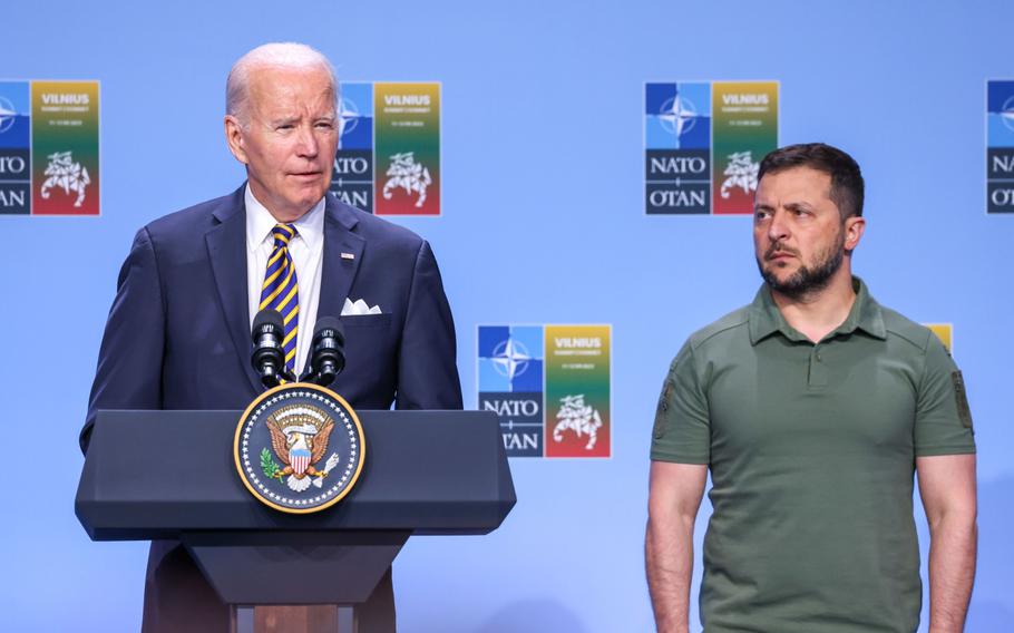 President Joe Biden and Ukrainian President Volodymyr Zelenskyy on the closing day of the NATO summit in Vilnius, Lithuania, on July 12, 2023. 