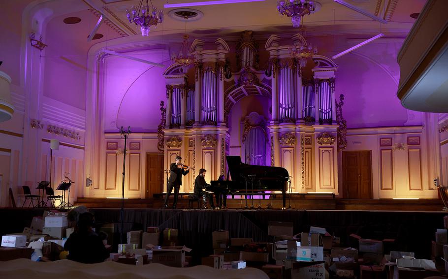 Aleksey Semenenko on violin and Antonii Baryshevskyi on piano play together during “The Unplayed Concert” live-streamed from the Lviv National Philharmonic Hall on March 24, 2022, in Lviv, Ukraine.