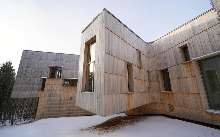 Exterior of the Tekakapimək Contact Station at the Katahdin Woods and Waters Monument in northern Maine.