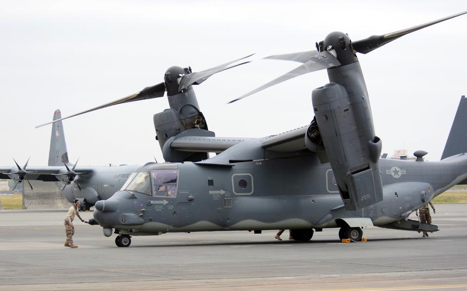 A CV-22B Osprey arrives at Yokota Air Base, Japan, April 5, 2018.