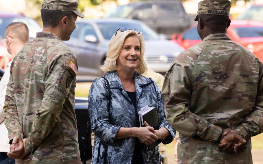 Army Secretary Christine Wormuth speaks with soldiers from the 25th Infantry Division before having lunch with them and other U.S. Army Garrison Hawaii soldiers at the Sustainment Bistro on Schofield Barracks, Hawaii, on Jan. 24, 2023. 