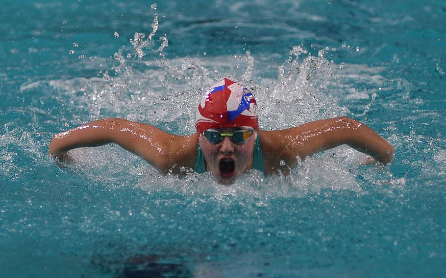 Berlin Bear-a-cuda Frida TIschbier competes in the 12-year-old girls 50-meter butterfly during the European Forces Swim League Short-Distance Championships on Feb. 10, 2024,  at the Pieter van den Hoogenband Zwemstadion at the Nationaal Zwemcentrum de Tongelreep in Eindhoven, Netherlands.