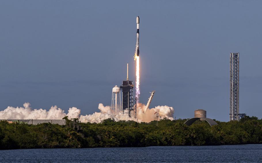 A SpaceX Falcon 9 rocket carrying the Starlink 6-51 mission blasts off from Launch Complex 39A at the Kennedy Space Center, April 17, 2024, in Cape Canaveral, Florida.  