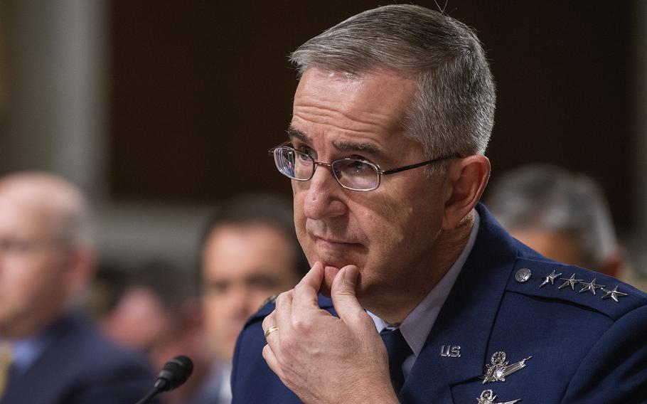 Gen. John Hyten listens to a question while testifying on during a Senate Armed Services Committee hearing on Capitol Hill in Washington in April 2019. The U.S. military was crippled during a classified October 2020 war game designed to test its ability against an adversary such as China, which has since prompted the Pentagon to revamp its plans for fighting, Hyten said recently.