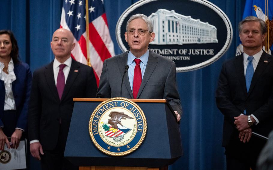 Attorney General Merrick Garland speaks at a Department of Justice press conference Dec. 6, 2023, in Washington.