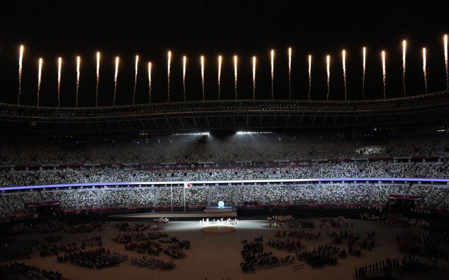 Fireworks are launched over National Stadium during the Paralympics’ opening ceremony in central Tokyo, Tuesday, Aug. 24, 2021. 