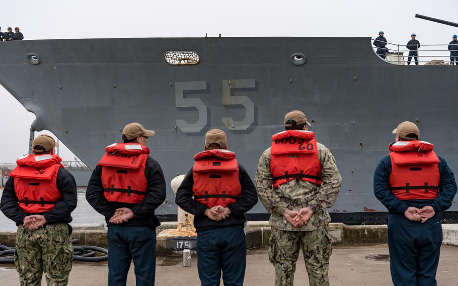 The guided-missile cruiser USS Leyte Gulf departs Naval Station Norfolk, Va., Jan. 28, 2024, for a scheduled deployment to the U.S. 4th Fleet area of operations.