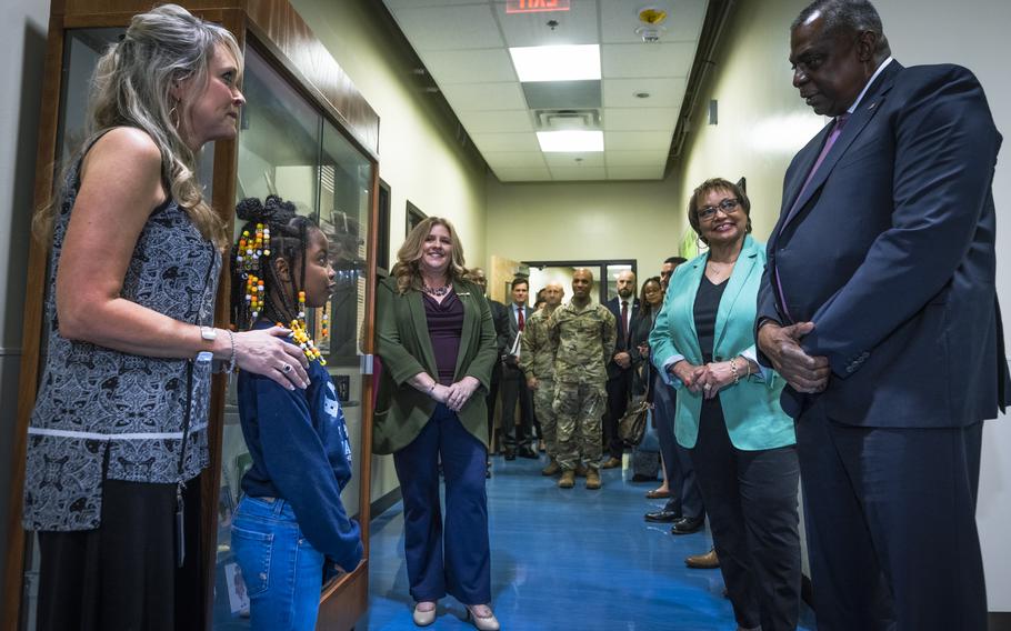 Defense Secretary Lloyd Austin and his wife Charlene on May 12, 2023, visited with teachers and students at Hampton Primary School at Fort Bragg, N.C. During the visit to Fort Bragg, Austin also met with Army Forces Command leaders, families from the 82nd Airborne Division, a child development center, and Fayetteville State University ROTC students.