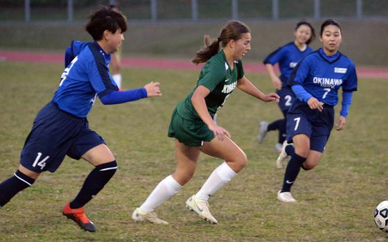 Becca Chandler is one of four seniors manning the Kubasaki girls soccer team's back line.
