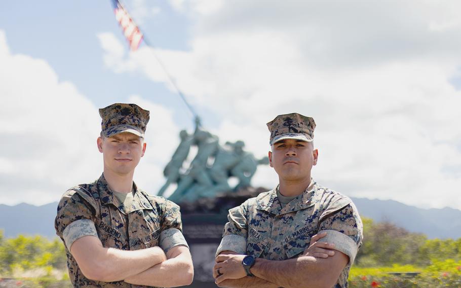 Staff Sgt. Kyle Bougeno, left, and Chief Warrant Officer 2 Michael Garza of the 3rd Marine Littoral Regiment, shown here Aug. 3, 2023, were recognized for rendering first aid to their driver in the  Philippines on July 15, 2023.
