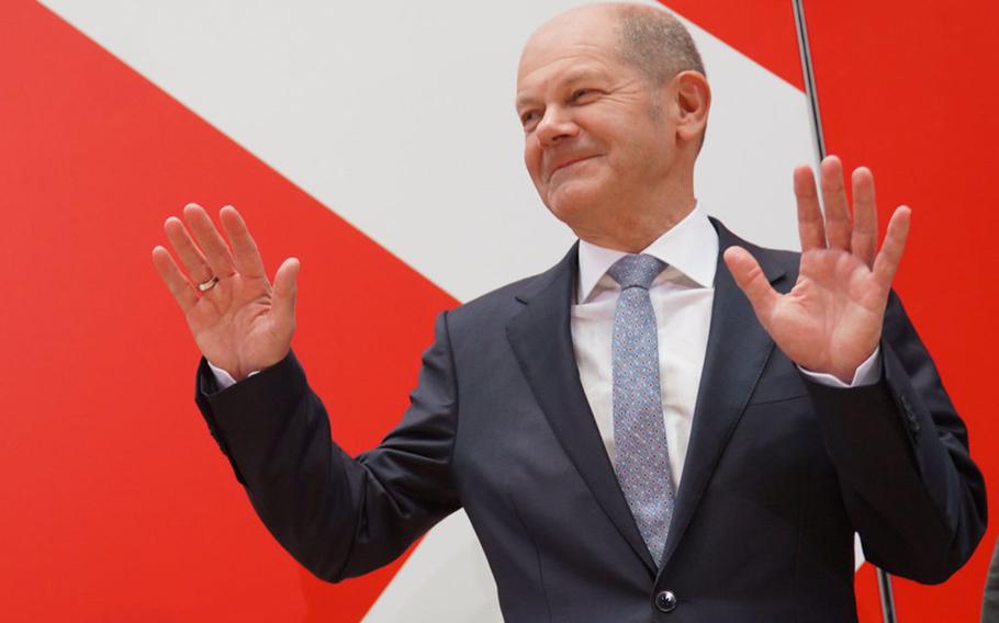 Olaf Scholz, then-chancellor candidate of the German Social Democrats (SPD), speaks to the media at the Federal Chancellery following the SPD's narrow win in federal elections on Sept. 27, 2021 in Berlin, Germany. Scholz, now German chancellor, and British Prime Minister Boris Johnson have promised more weapons for Ukraine in the war against Russia.