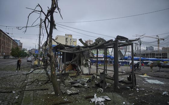 A bus stop is seen damaged by a Russian attack in Kyiv, Ukraine, Monday, July 21, 2025. (AP Photo/Efrem Lukatsky)