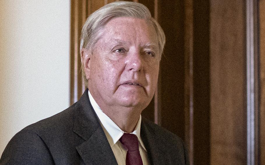 Sen. Lindsey O. Graham, R-S.C., exits his office on Capitol Hill in Washington, D.C., on Sept. 13, 2022. 