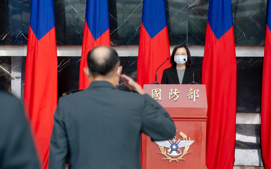 High-ranked officer of the Republic of China Armed Forces salutes President Tsai Ing-wen at a ceremony at headquarters of the Ministry of National Defense on December 26, 2022.