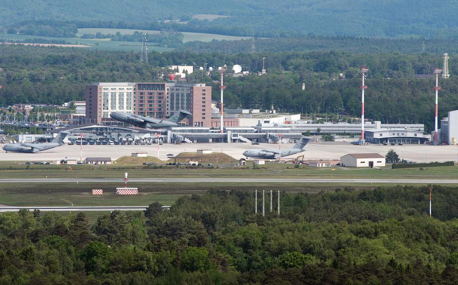 A U.S. Air Force C-17 takes off from Ramstein Air Base, Germany, in May 2019. Bases within striking distance by Russia or China must harden their defenses and be able to disperse their assets to continue operating while under attack, according to a Rand Corp. study.  