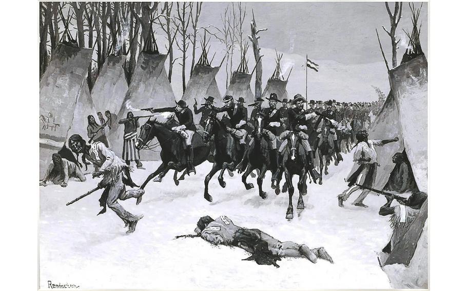 A painting by Frederic Remington (1861-1909) depicts the Sand Creek Massacre, which took place at dawn on Nov. 29, 1864, when approximately 675 U.S. soldiers commanded by Col. John M. Chivington attacked a village of about 700 Cheyenne and Arapaho Indians along Sand Creek in southeastern Colorado Territory. 