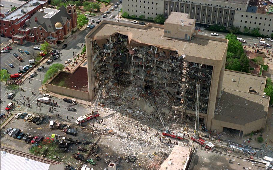 The north side of the Alfred Murrah Federal Building in Oklahoma City after it was destroyed by a domestic terrorist’s bomb killing 168 people on April 19, 1995.