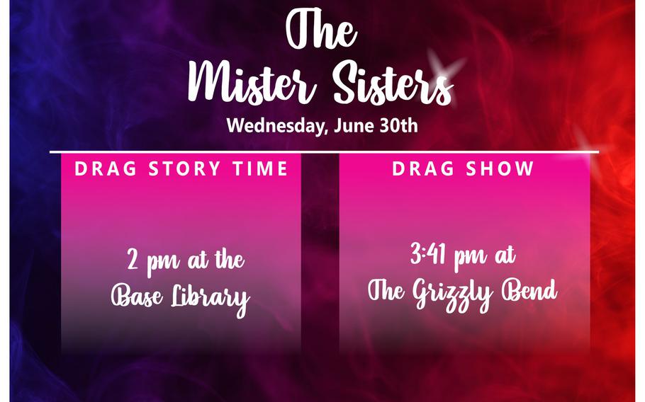 A Facebook post announcing a Drag Story Time and a Drag Show to be held at Malmstrom Air Force Base in June 2021.