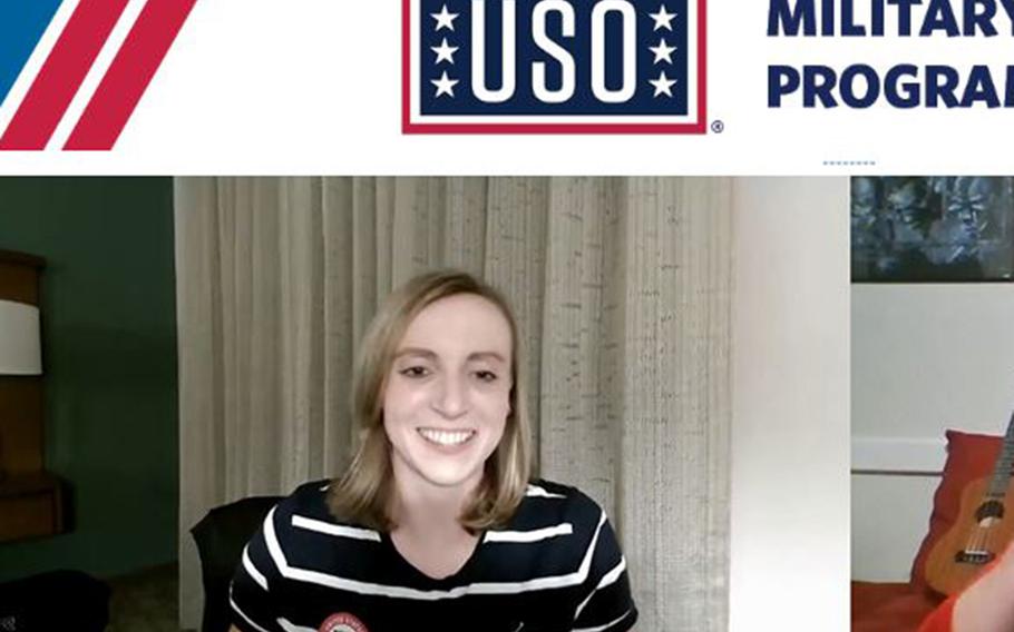 Swimmer Katie Ledecky, winner of seven Olympic gold medals and 15 world championship golds, speaks during a virtual USO event, Wednesday, Oct. 27, 2021.