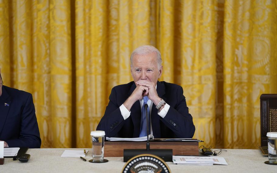 President Joe Biden listens during a meeting with Pacific Islands Forum leaders during the U.S.-Pacific Islands Forum Summit in the East Room of the White House, Monday, Sept. 25, 2023, in Washington.