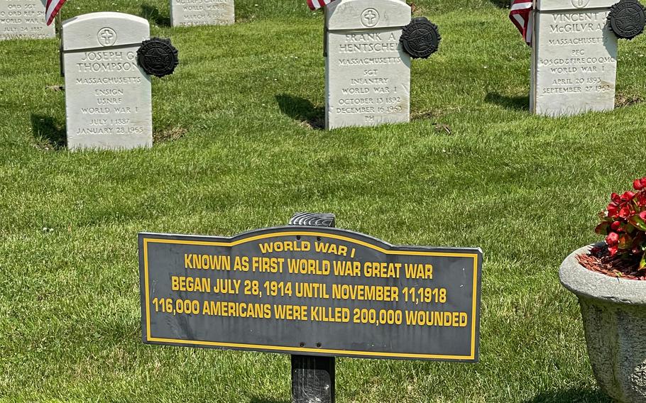 One of the new signs at Riverside Cemetery in Saugus, Mass., as seen on July 7, 2021. This sign is in the World War I area. There are also new signs in the Civil War section. 