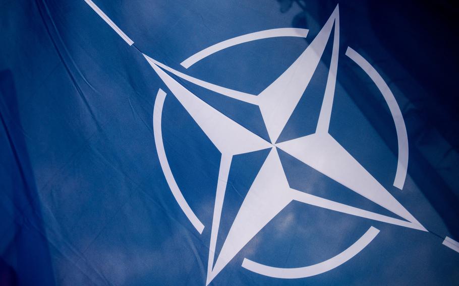 A NATO flag is set up prior to the signing ceremony of the law, ratifying the NATO Protocol on Finland and Sweden's membership, on board the Polish Navy frigate ORP Kosciuszko in Gdynia in July 22, 2022. 
