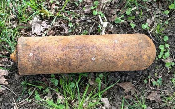 A World War II-era incendiary device, weighing 33 pounds, was safely removed from Patch Barracks, Stuttgart, home to U.S. European Command headquarters, April 8, 2024, after its discovery in a grassy area near Bowman Field.
