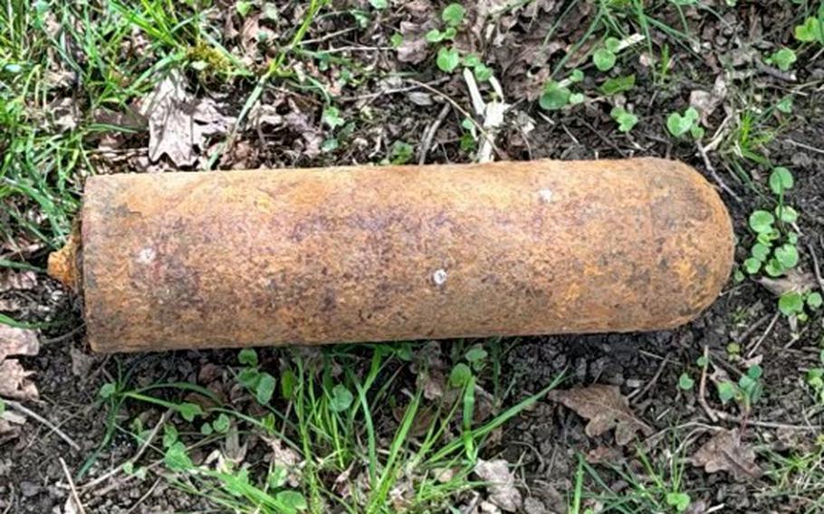 A World War II-era incendiary device, weighing 33 pounds, was safely removed from Patch Barracks, Stuttgart, home to U.S. European Command headquarters, April 8, 2024, after its discovery in a grassy area near Bowman Field.