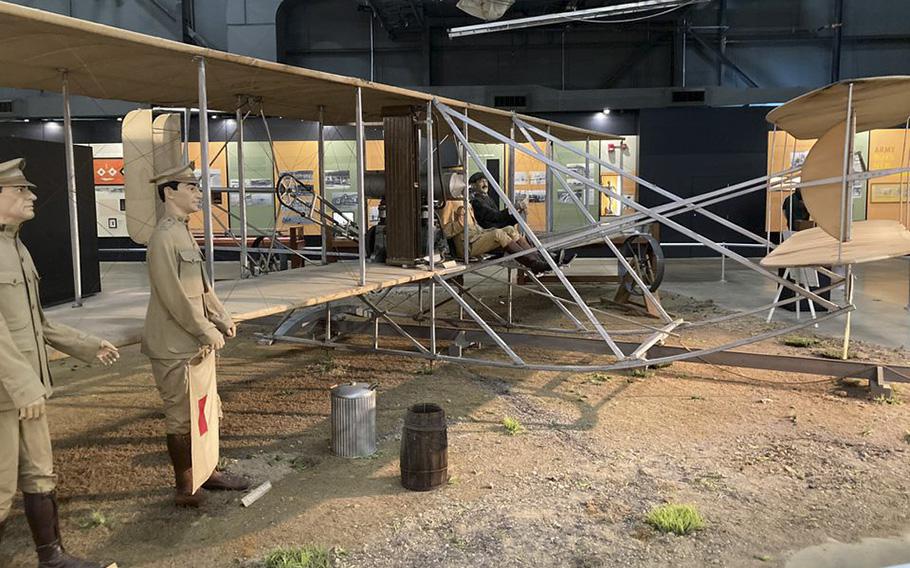 An exact replica of a Wright 1909 Military Flyer, the world’s first military aircraft, manufactured in Dayton.