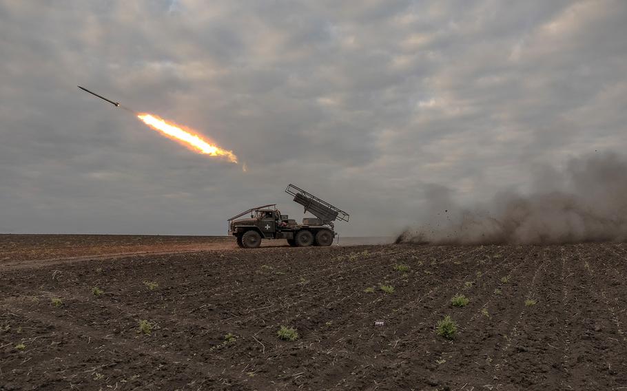 Ukrainian servicemen of the 92nd Assault Brigade fire BM-21 “Grad” multiple rocket launcher toward Russian positions, in the Kharkiv region, on May 15, 2024, amid the Russian invasion of Ukraine. 