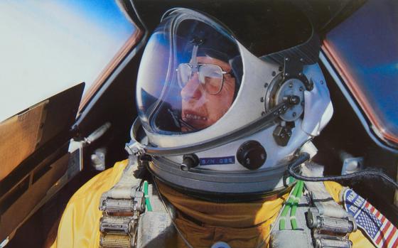 This undated photo shows Brian Shul in full flight suit gear within the cockpit of the SR-71 Blackbird.