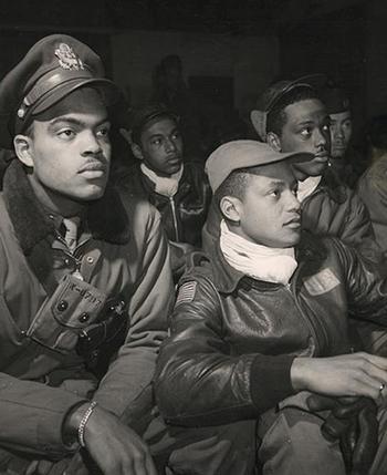 Members of the 332nd Fighter Group attend a briefing in Ramitelli, Italy, in March 1945. A monument to the Tuskegee Airmen stationed at Ramitelli Airfield during World War II was unveiled July 16, 2023, in Campomarino, Italy.