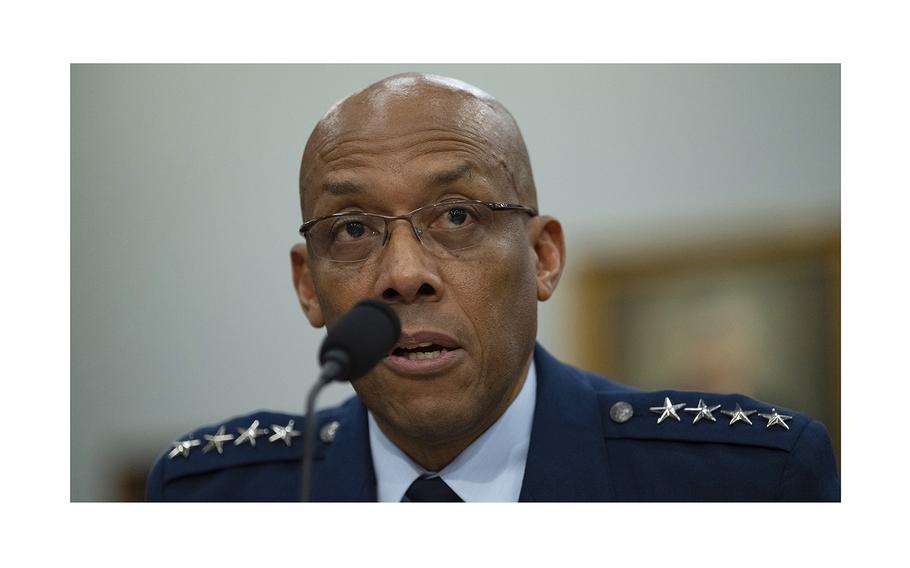 Chairman of the Joint Chiefs of Staff Gen. Charles Brown Jr.  testifies during a House Committee on Appropriations, Subcommittee on Defense budget hearing Fiscal Year 2025 on Capitol Hill, Wednesday, April 17, 2024 in Washington.