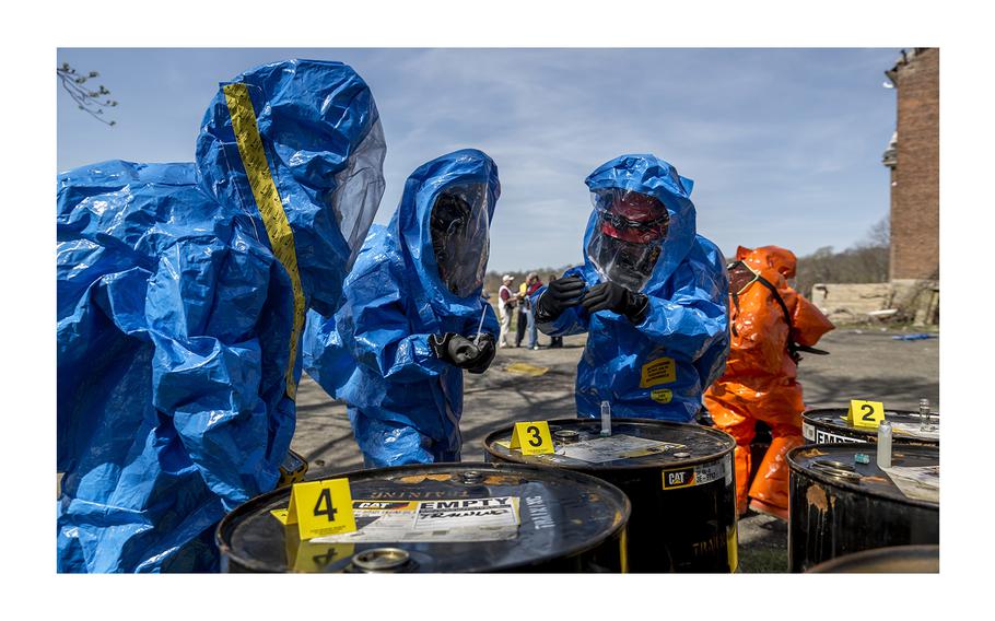 New York National Guard members with the 24th Weapons of Mass Destruction Civil Support Team and the 106th Rescue Wing identify and classify several hazardous chemical and biological  materials during a collective training event at the Plum Island Animal Disease Research Facility, New York, on May 2, 2018. 