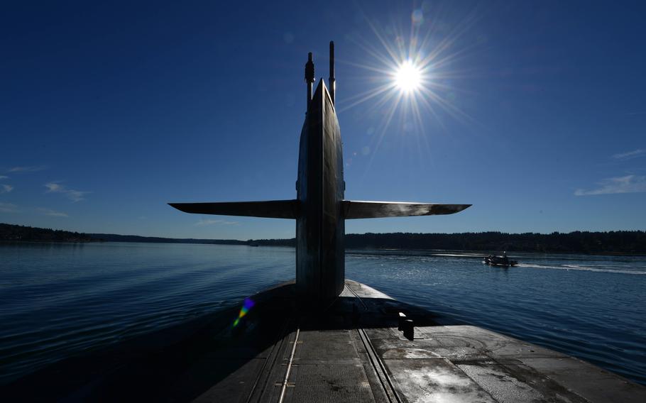 The guided-missile submarine, USS Ohio (SSGN 726), sails through the Puget Sound on June 26, 2015, after departing Puget Sound Naval Shipyard after nearly a year spent in the yards. 