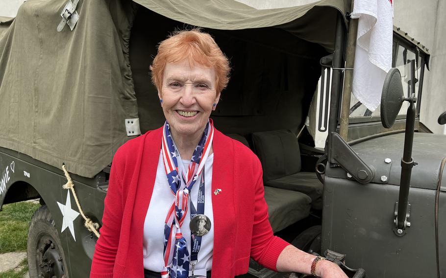 Kathleen Lemmons Hoffman, daughter of liberator Pvt. Charles Lemmons, takes in the military encampment in the center of Pilsen, Czech Republic, during the city's Liberation Festival on Saturday, May 4, 2024. 