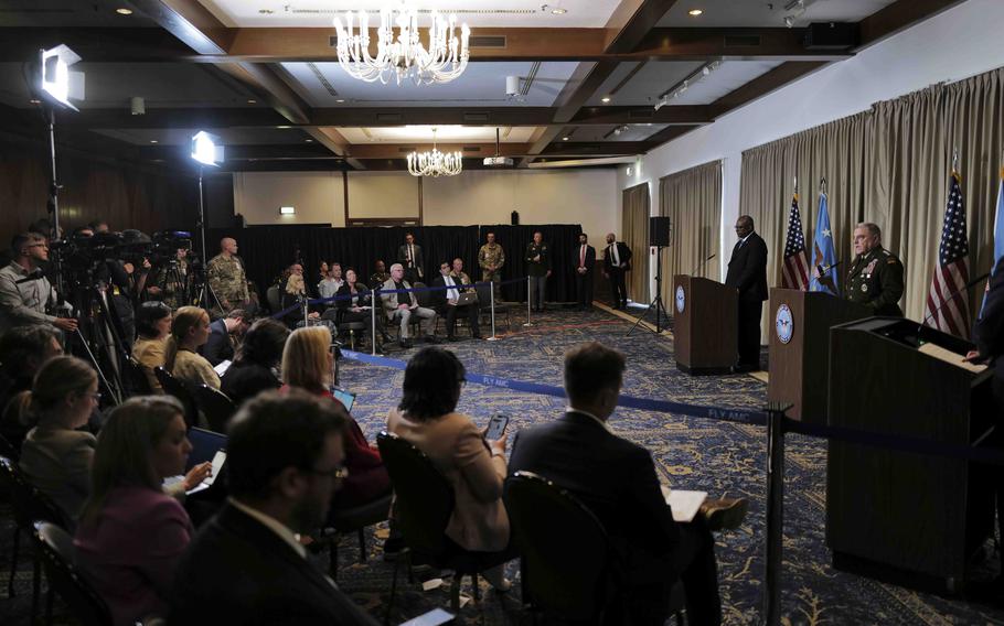 U.S. Army Gen. Mark Milley, right, and Defense Secretary Lloyd Austin addressed reporters at Ramstein Air Base, Germany, following their participation in high-level talks on Ukraine's security on Sept. 19, 2023. Austin emphasized the importance of time and steadfastness in supporting Ukraine's fight for freedom and sovereignty.