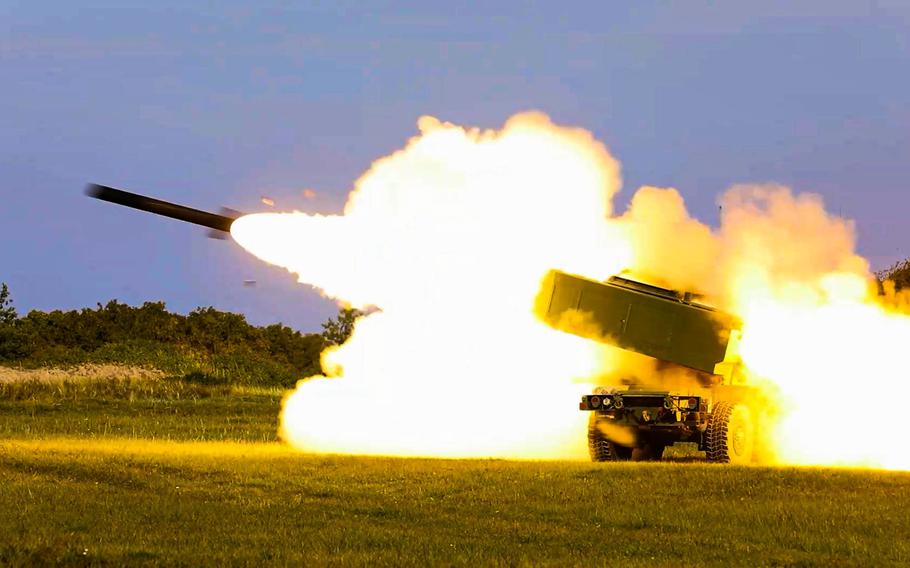 An M142 High Mobility Artillery Rocket System fires a practice rocket during an exercise in Liepaja, Latvia, Sept. 27, 2022. The U.S.-made system has been successfully deployed to Ukraine, and Poland has requested purchase of 18 additional launchers.  