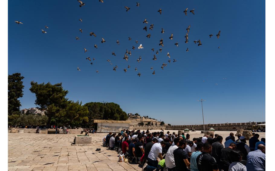 Muslims gather for Friday prayer in the courtyard of al-Aqsa Mosque and the Dome of the Rock in Jerusalem in August 2021.