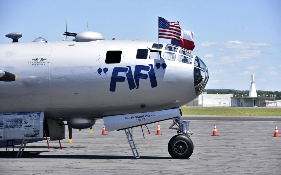 “Fifi,” a B-29 Superfortress, sits on the tarmac during the AirPower History Tour at Westfield-Barnes Regional Airport, a display by the Commemorative Air Force team. 