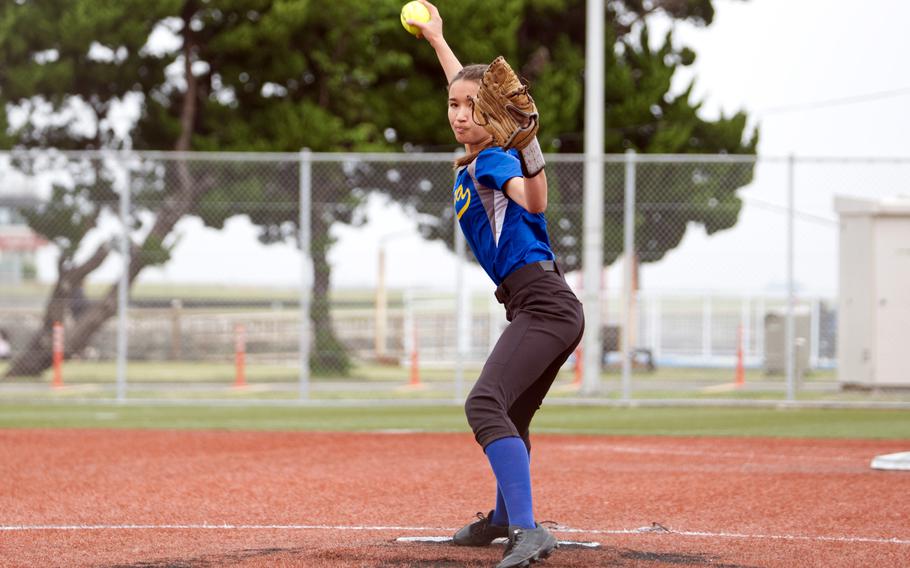 Yokota freshman right-hander Erica Haas kicks and delivers against Matthew C. Perry during Thursday's All-DODEA-Japan softball tournament. The Panthers won 10-6.