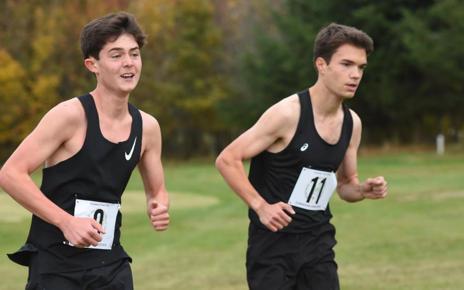 Stuttgart’s Carter Lindsey, left, and Alex Daniels, finished one-two in the boys’ large-school division race at the DODEA-Europe cross country championships on Saturday, Oct. 23, 2021, in Baumholder, Germany.