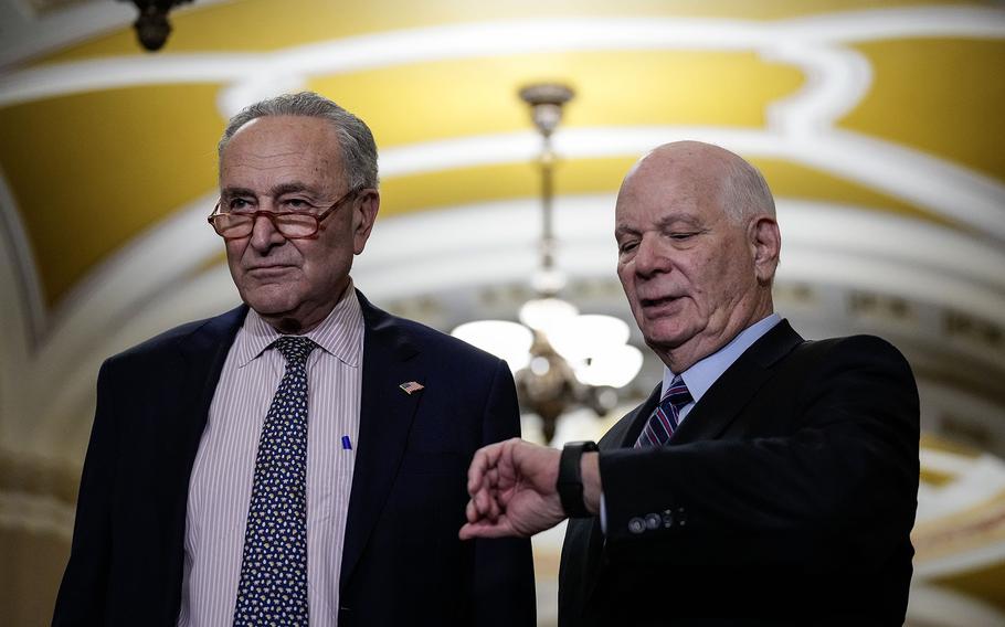 Senate Majority Leader Chuck Schumer and Sen. Ben Cardin attend a briefing at the U.S. Capitol on Oct. 31, 2023, in Washington, D.C.