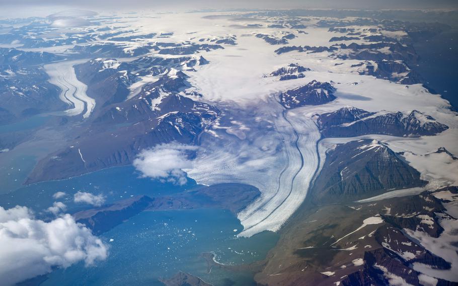 A range of half melted glaciers in Scoresby Fjord near Ittoqqortoormiit, Greenland, on Aug. 21, 2023. The Greenland ice sheet is disappearing much faster than previously thought, according to new research.