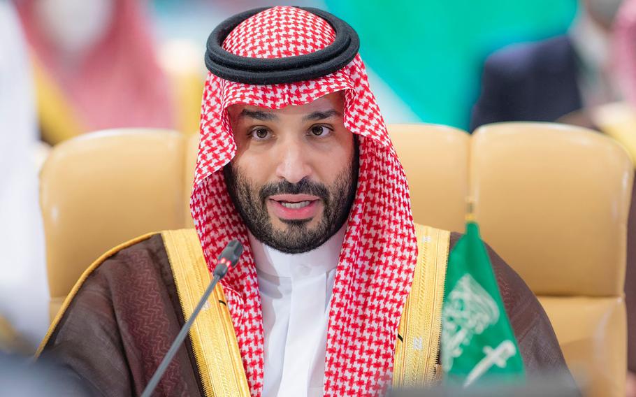 In this photo provided by the Saudi Royal Palace, Saudi Crown Prince Mohammed bin Salman speaks during the Green Initiative Summit in Riyadh, Saudi Arabia, Monday, Oct. 25, 2021. (Bandar Aljaloud/Saudi Royal Palace via AP)