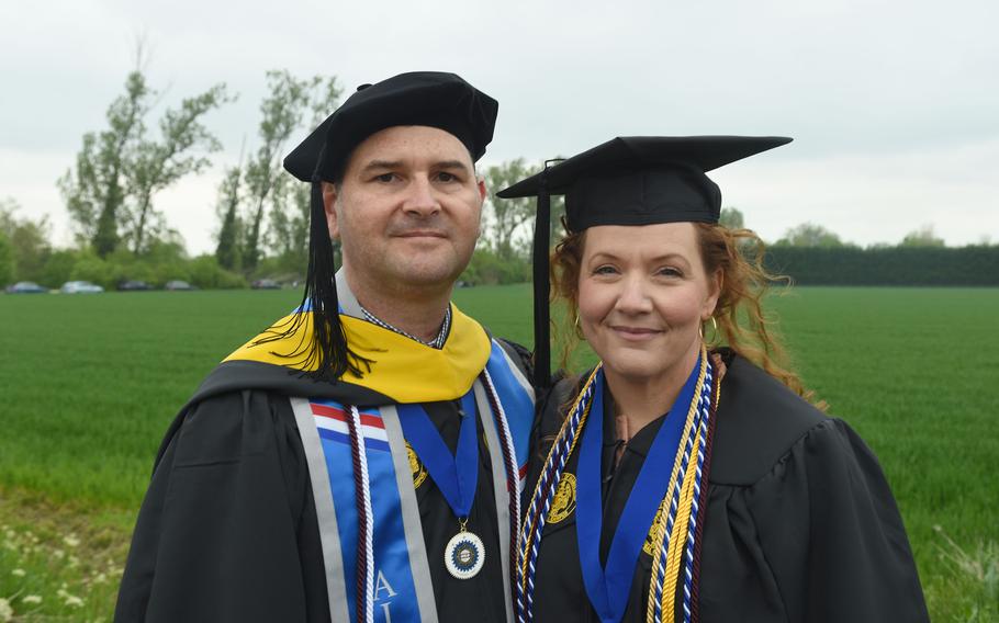 Husband and wife, Air Force Master Sgt.  Kenneth Via and Nicole Via both graduated Saturday, April 30, 2022 for the Class of 2022 from Global Campus Europe at the University of Maryland.  Kenneth Via earned a master's degree in cybersecurity technology while Nicole Via earned a bachelor's degree in social sciences.  Via was one of two graduates to receive the Director's Award for earning high marks while taking all of her courses from one location, in this case Ramstein Air Base, Germany.