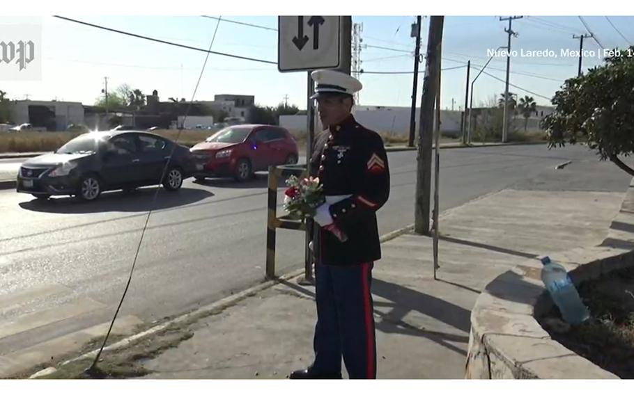 Every Valentine’s Day, retired U.S. Marine Esteban Perez, shown in this screenshot from video, stands on a street corner in the Mexican border city of Nuevo Laredo, hoping he will see the woman he loves again.