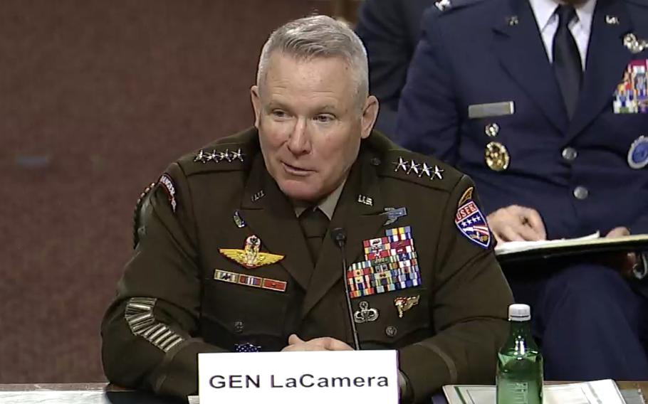 U.S. Forces Korea commander Gen. Paul LaCamera testifies during a Senate Armed Services Committee hearing in Washington, D.C., April 20, 2023.